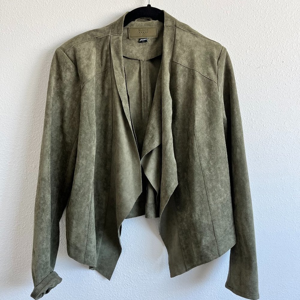 Anthropologie Blank NYC Faux Suede Olive Green Open Moto Jacket Size M